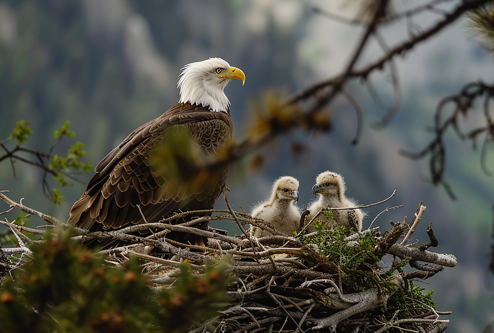 Bald eagle with chicks in the nest